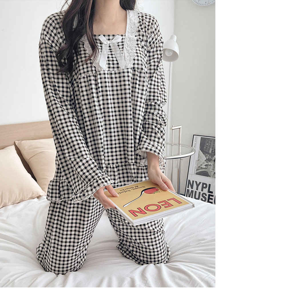 レースリボンギンガムチェックパジャマ上下SET | レディース
