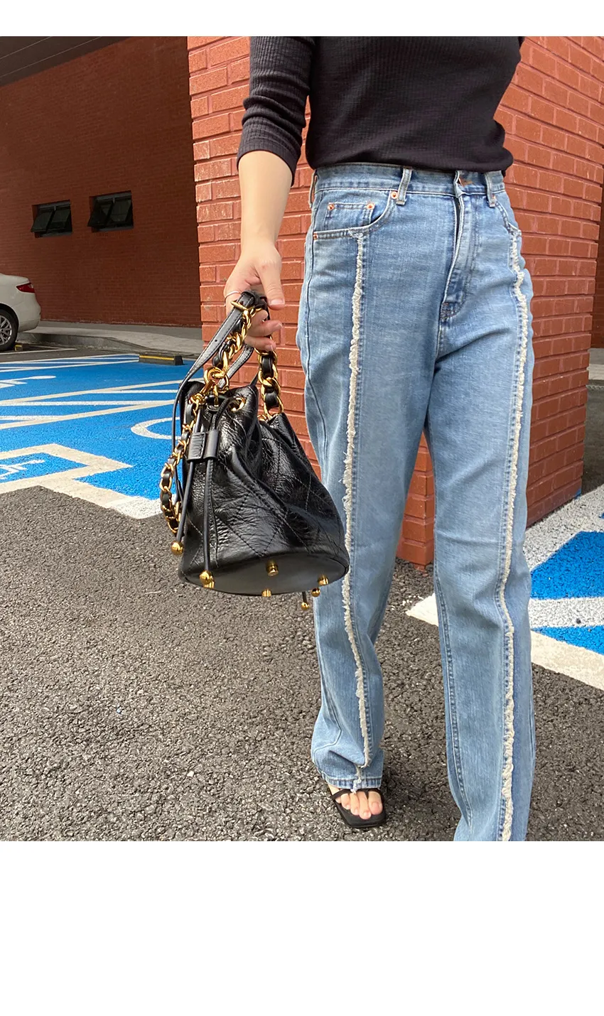 センターフリンジストレートデニムパンツ | レディースファッション 