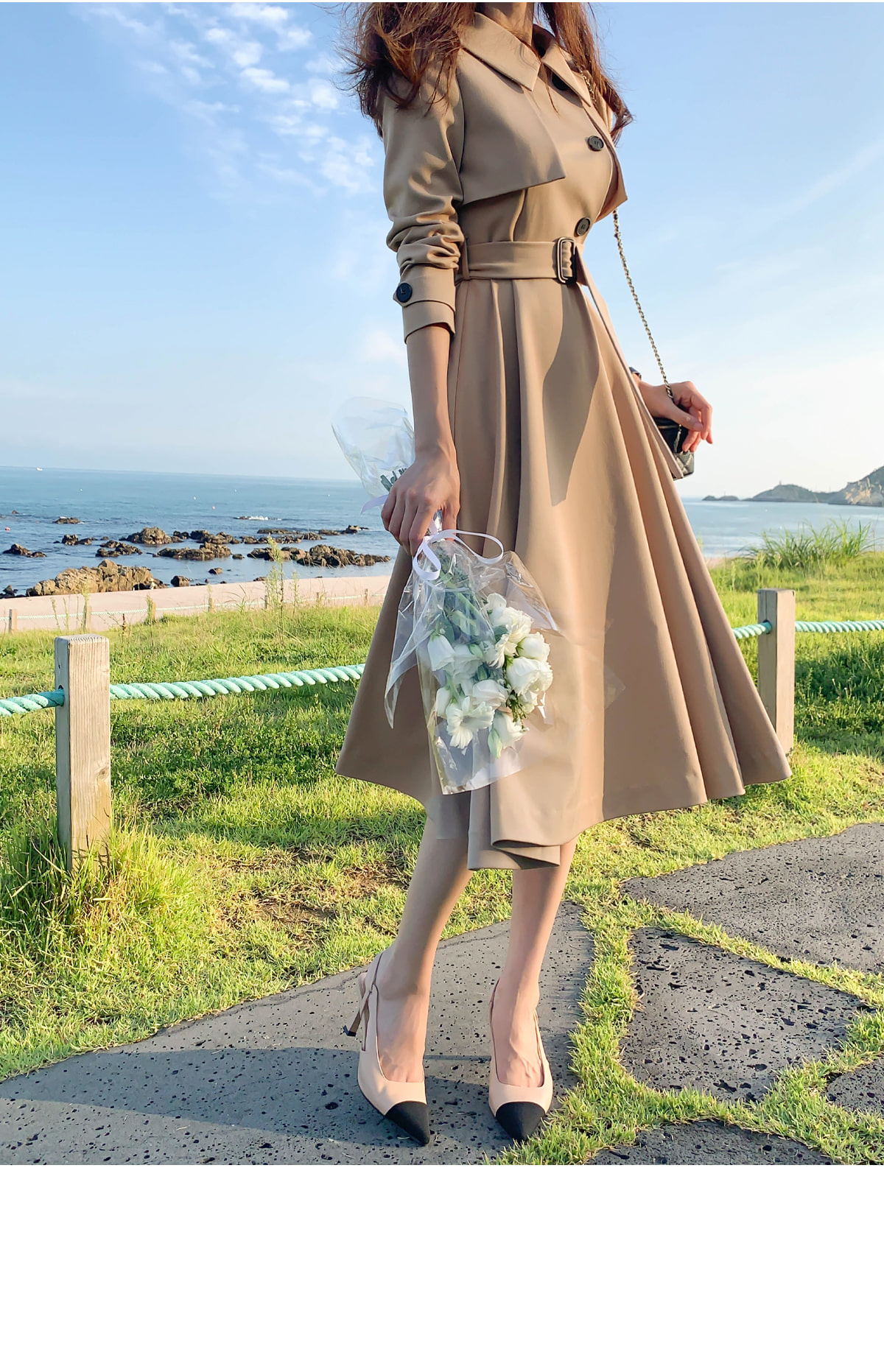 ベルト付ワイドカラートレンチ風ワンピース | レディースファッション