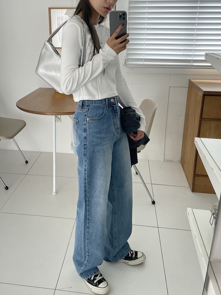 ハイウエストウォッシュワイドデニムパンツ | レディース