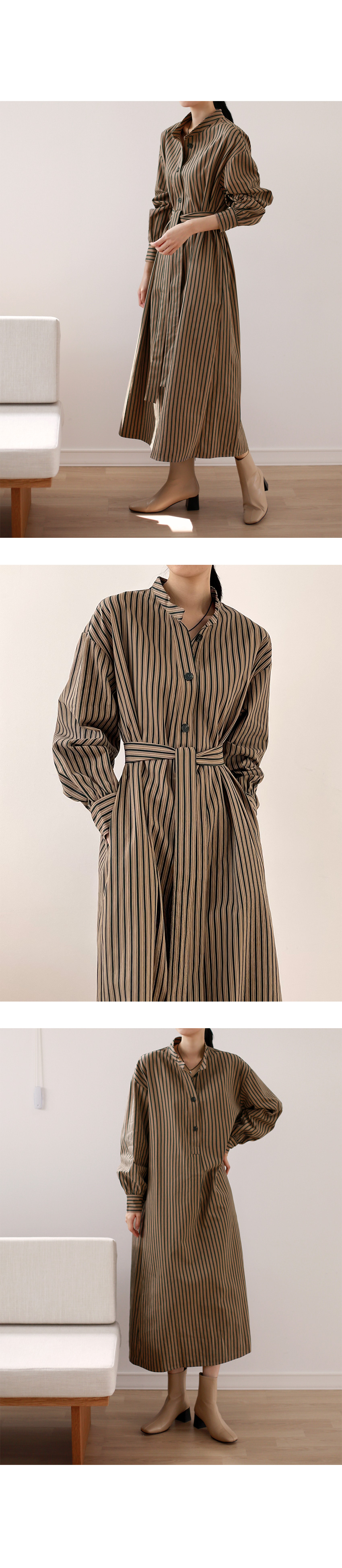 ストラップ付ライトブラウンストライプシャツワンピース | レディース