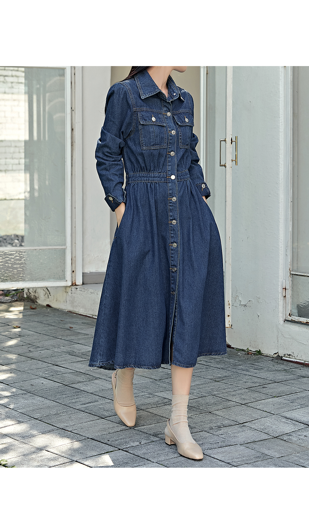 バックゴムフレアデニムシャツワンピース | レディースファッション