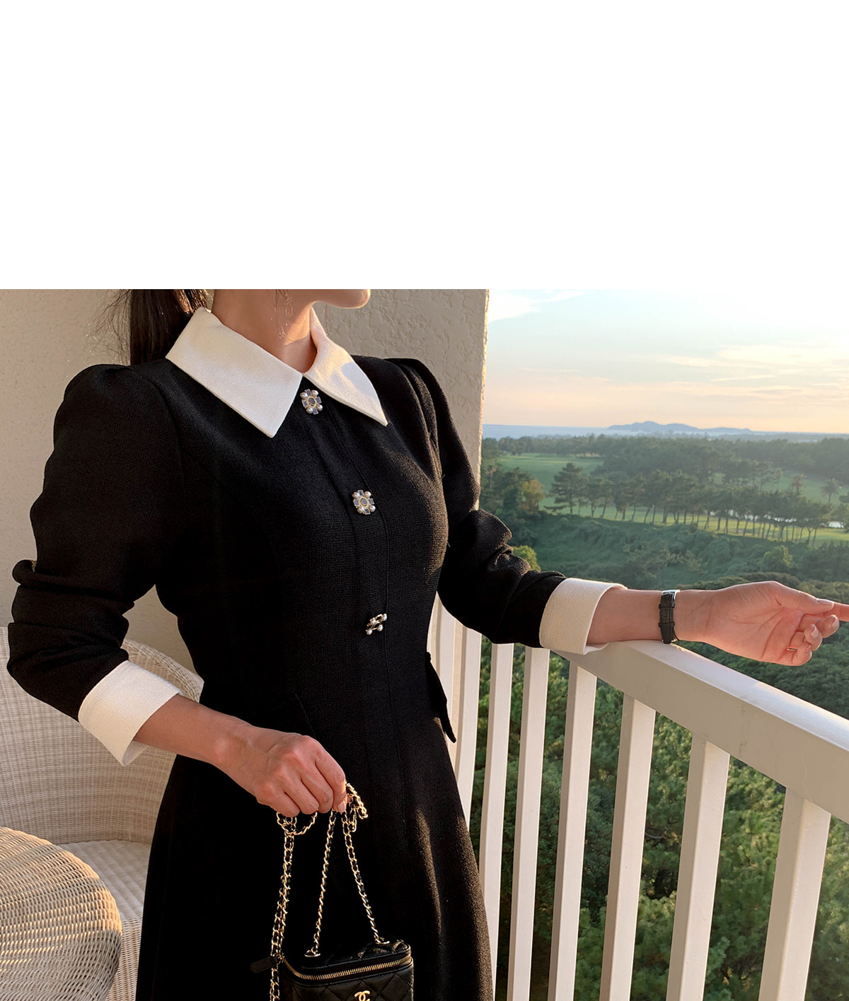 ビジューフェイクボタンツイードワンピース | レディースファッション