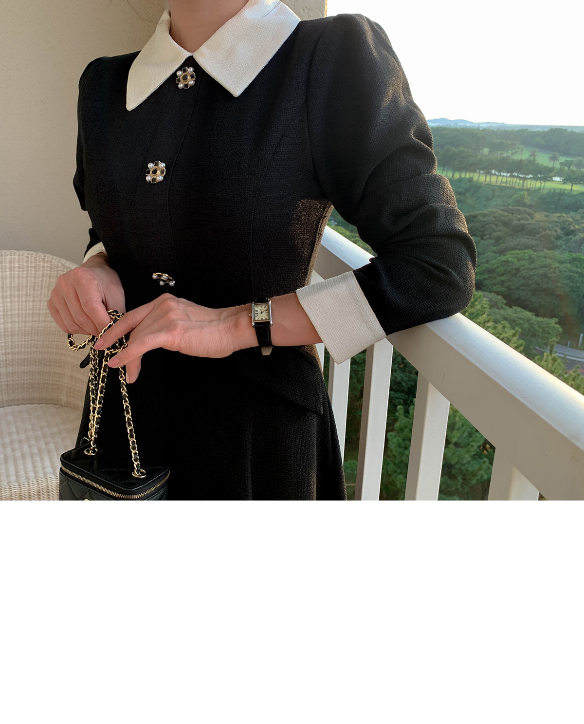 ビジューフェイクボタンツイードワンピース | レディースファッション