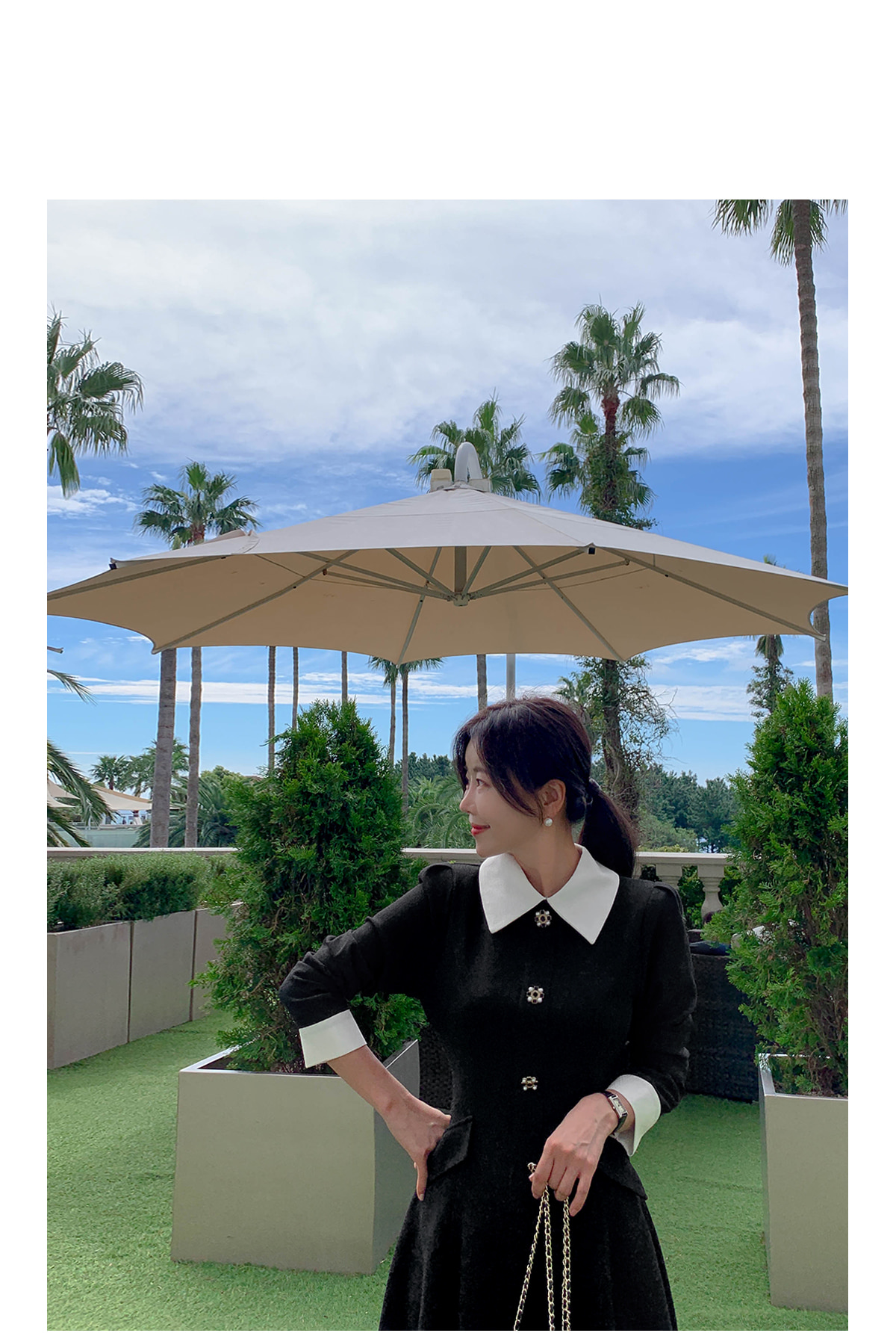 ビジューフェイクボタンツイードワンピース | レディースファッション