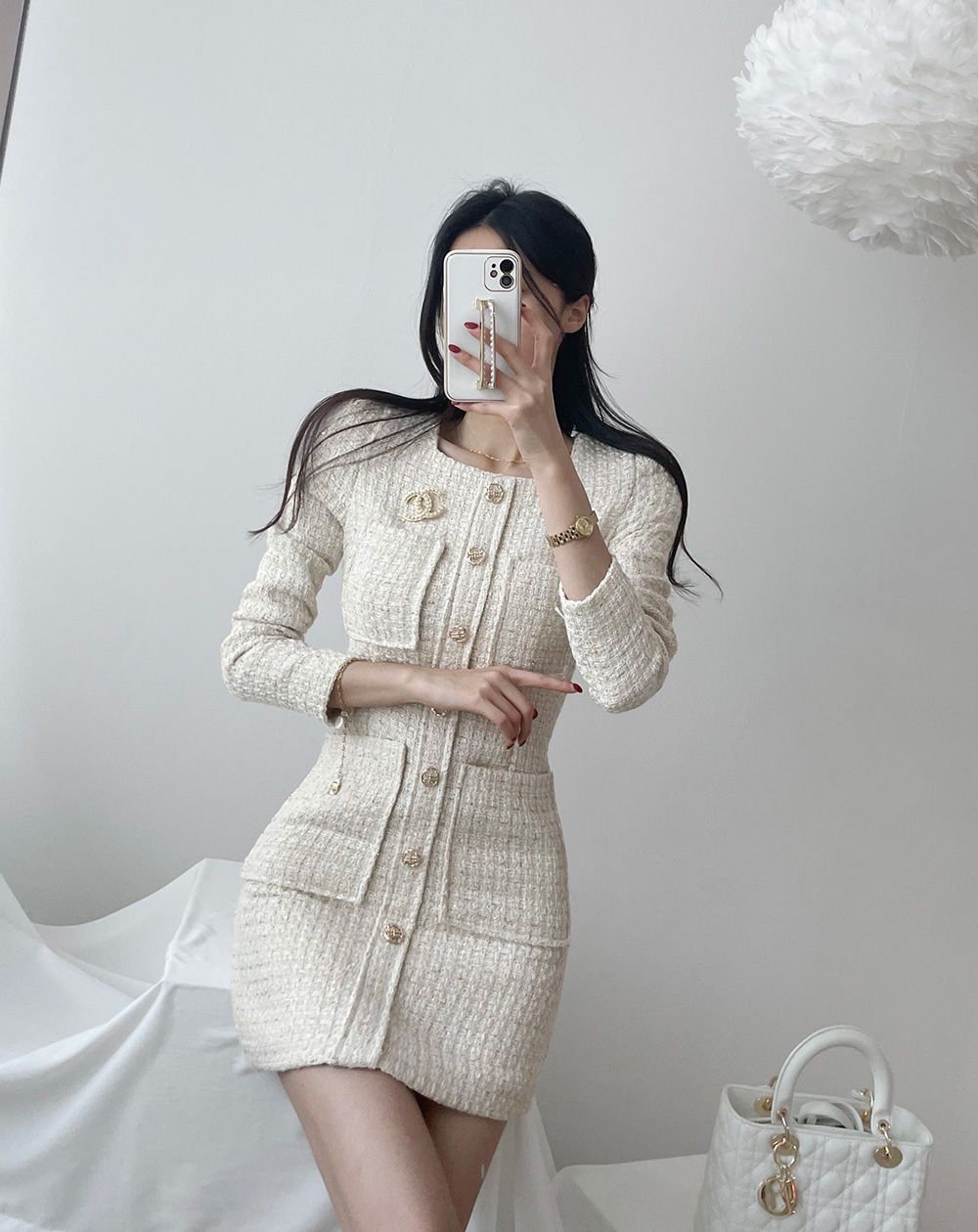 sheller シェリエ ボタンツイードドレス タイトワンピース　白　ホワイト フォーポケツイードワンピース | レディースファッション通販 - DHOLIC