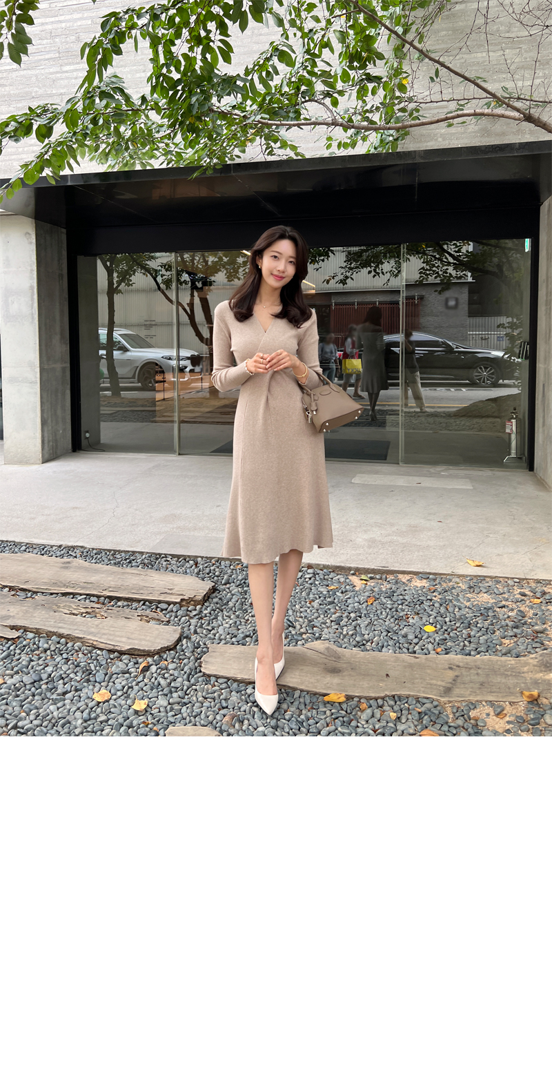 カシュクールネックリブニットワンピース | レディースファッション