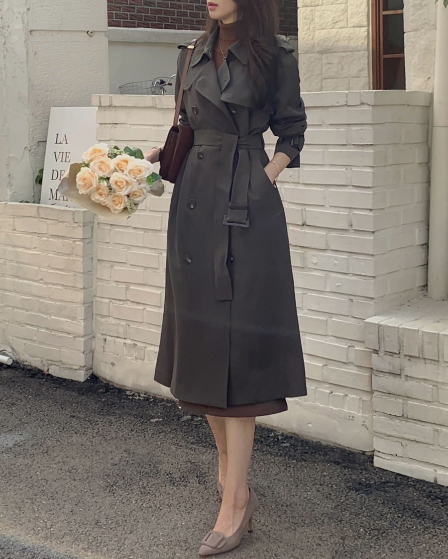 ベルト付ダブルボタンロングトレンチコート | レディースファッション