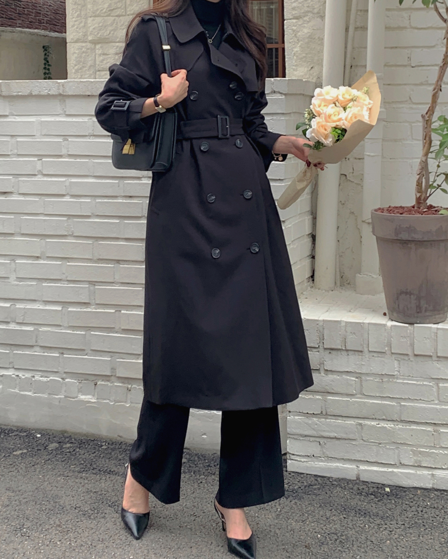 ベルト付ダブルボタンロングトレンチコート | レディースファッション