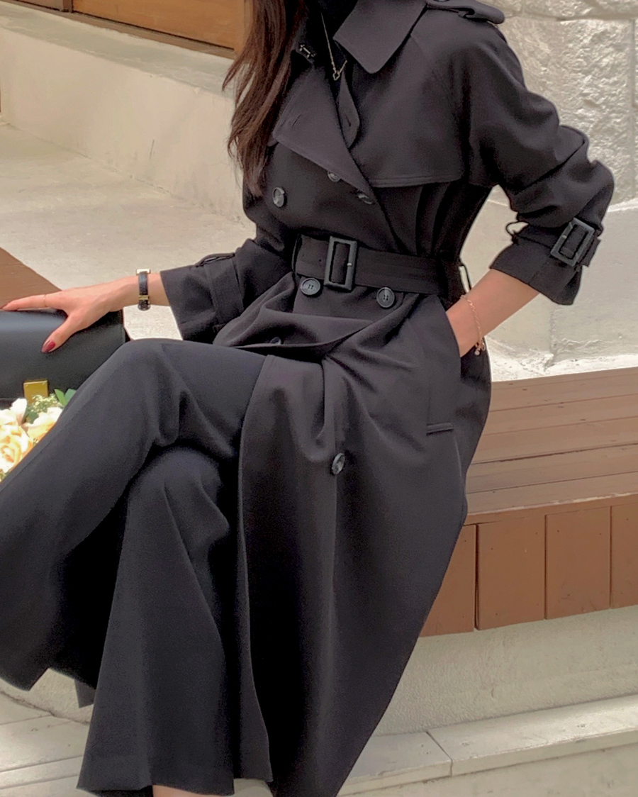 ベルト付ダブルボタンロングトレンチコート | レディースファッション
