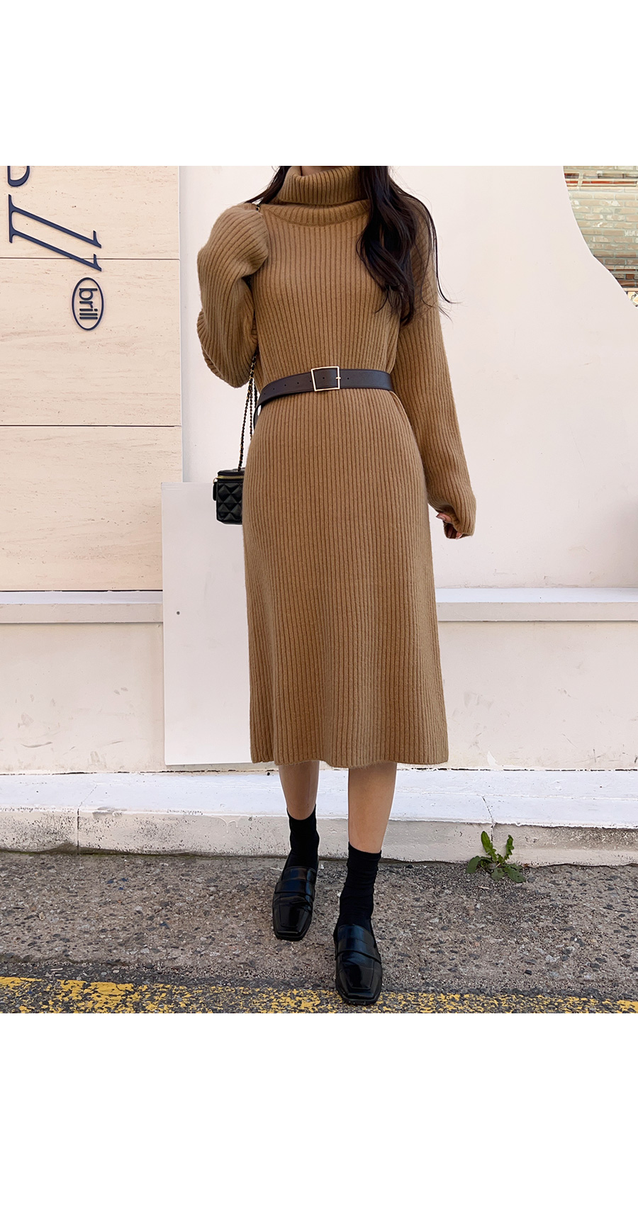 【マリ】オリーブグリーン タートルネック ニットワンピース ヘンリーネックニットワンピース(マキシ/ロングワンピース