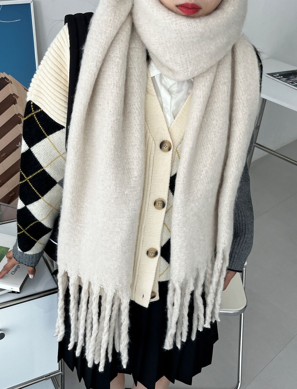 フリンジソフトタッチマフラー(アイボリー) | レディースファッション