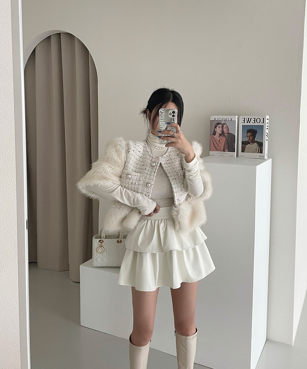DHOLIC フェイクファー配色半袖ツイードジャケット
