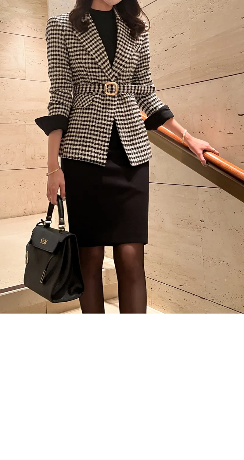 ベルト付千鳥格子柄ジャケット | レディースファッション通販 - DHOLIC 