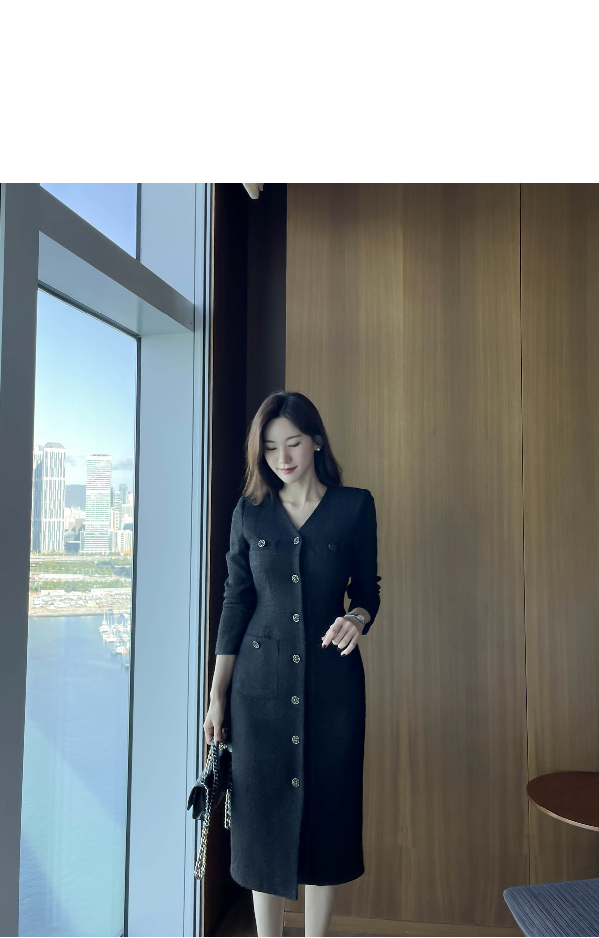 韓国ブランド】ボタンハートネックツイードワンピースベルトSET Vネックツイードボタンワンピース | レディースファッション通販