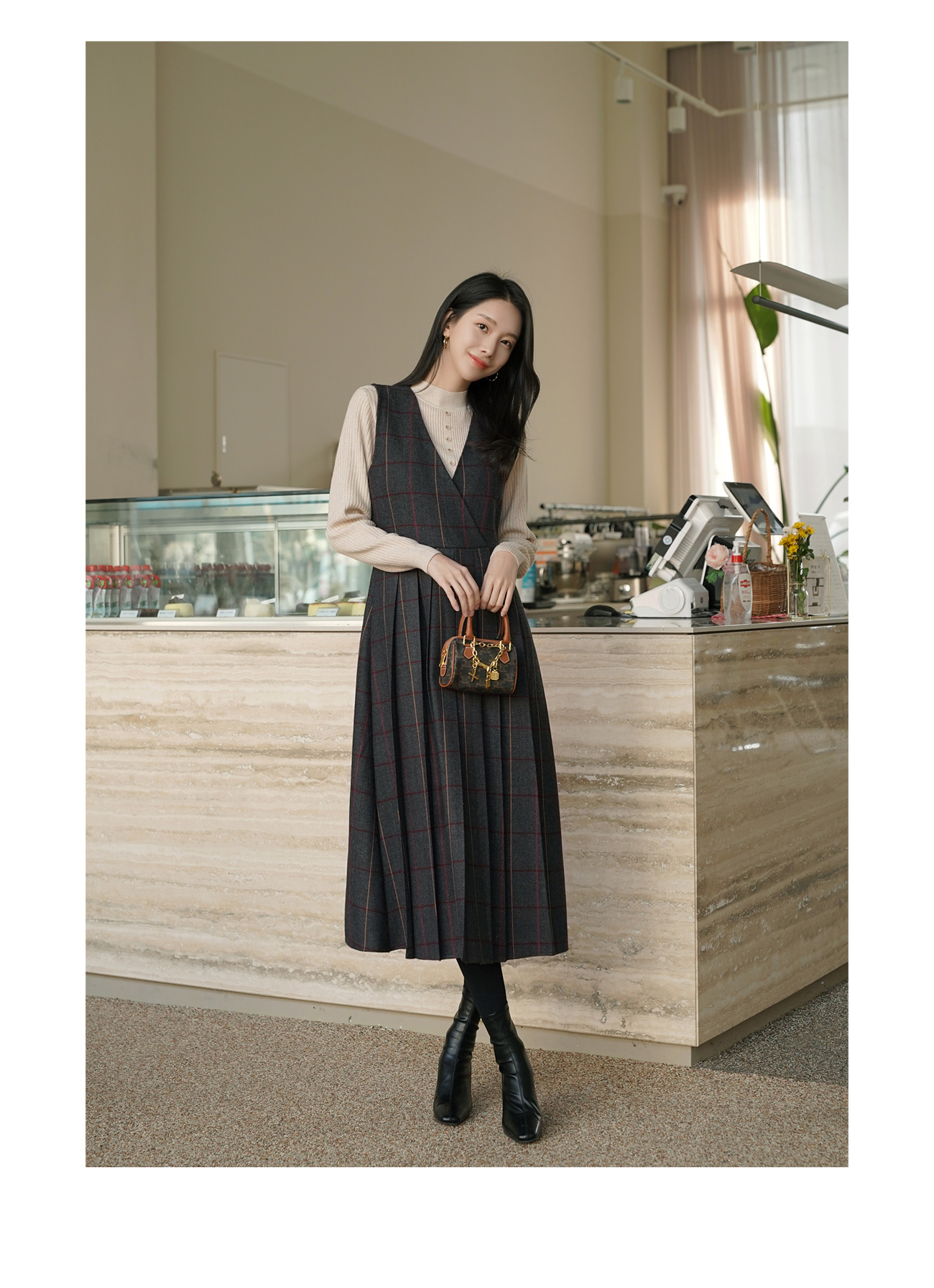 チェックヘリンボーンプリーツノースリワンピース | レディース