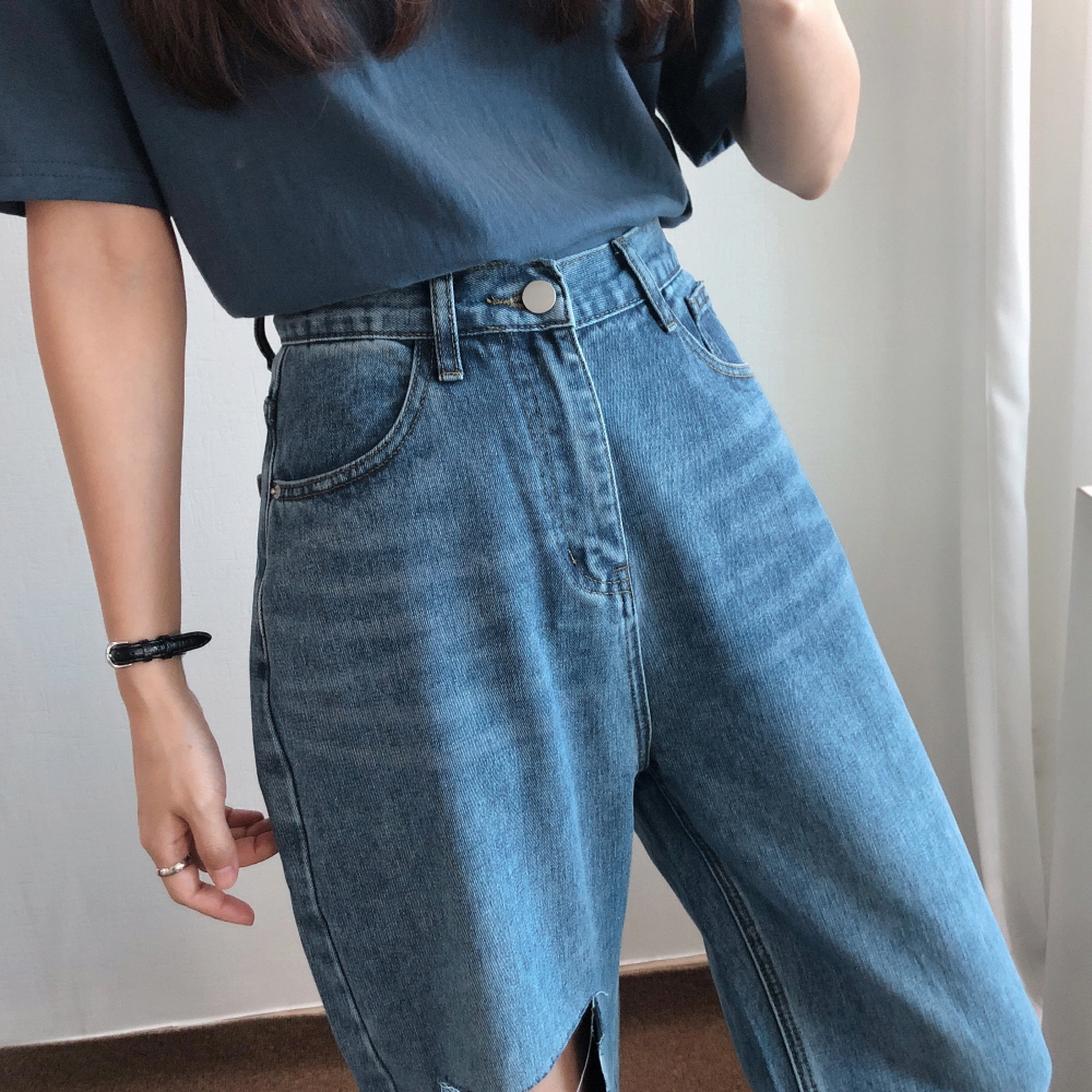 ダメージロングワイドデニムパンツ | レディースファッション