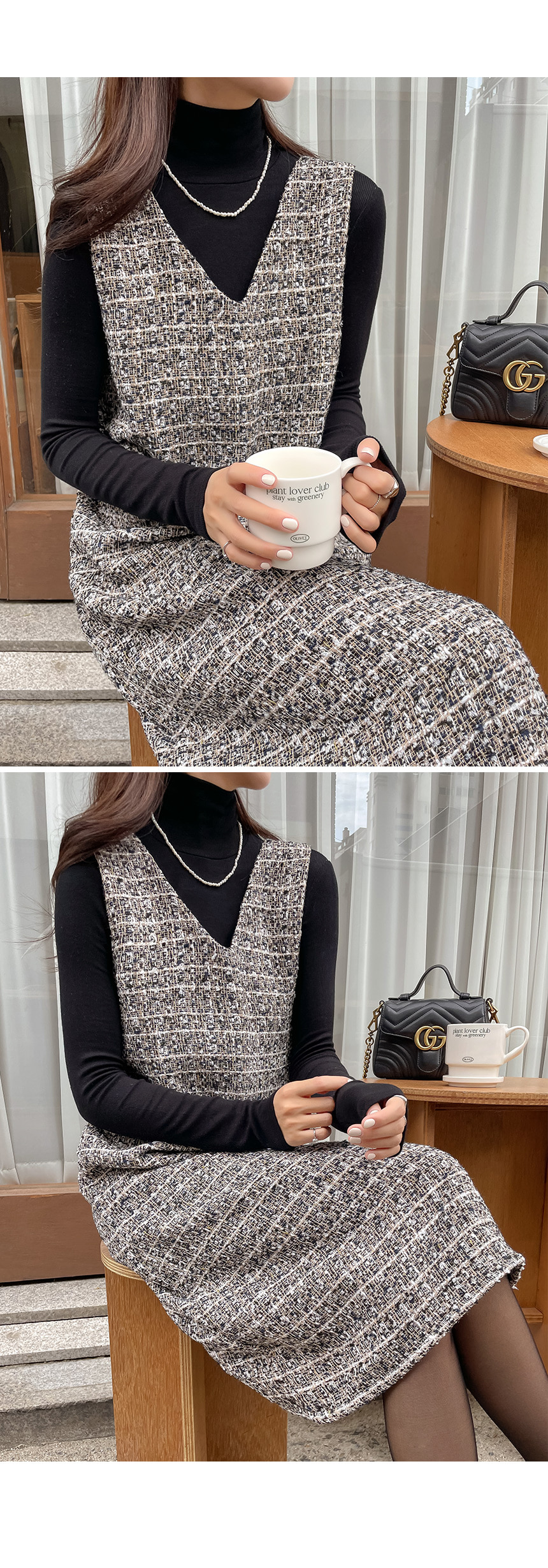 Vネックツイードノースリワンピース | レディースファッション通販