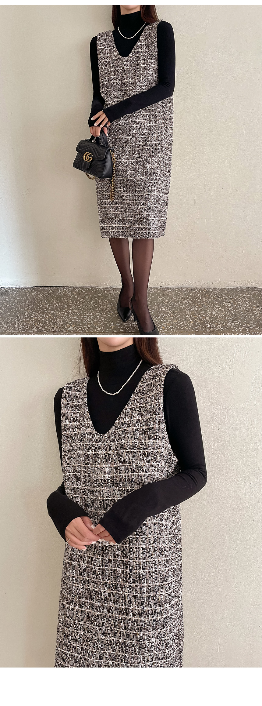 Vネックツイードノースリワンピース | レディースファッション通販