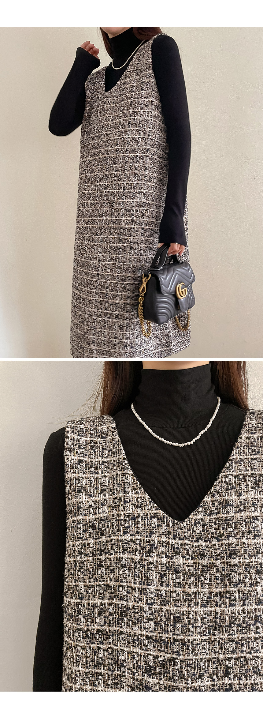 Vネックツイードノースリワンピース | レディースファッション通販