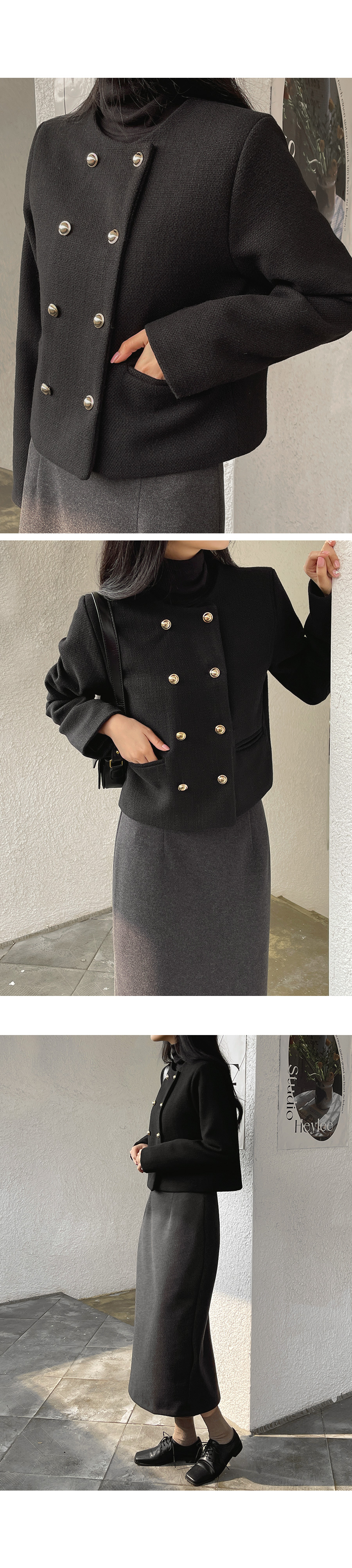 ヨリ　タフタバルーンジャケット　ノーカラージャケット ダブルボタンノーカラージャケット | レディースファッション