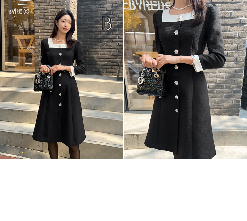 配色スクエアネックツイードワンピース | レディースファッション通販