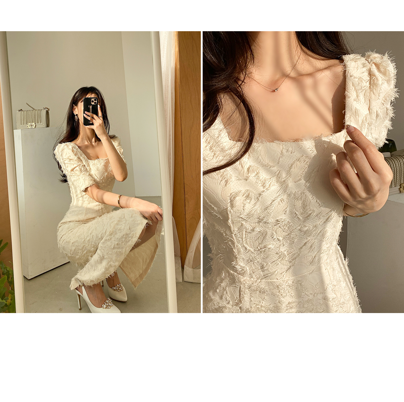 フェザーライクスクエアネックワンピース | レディースファッション