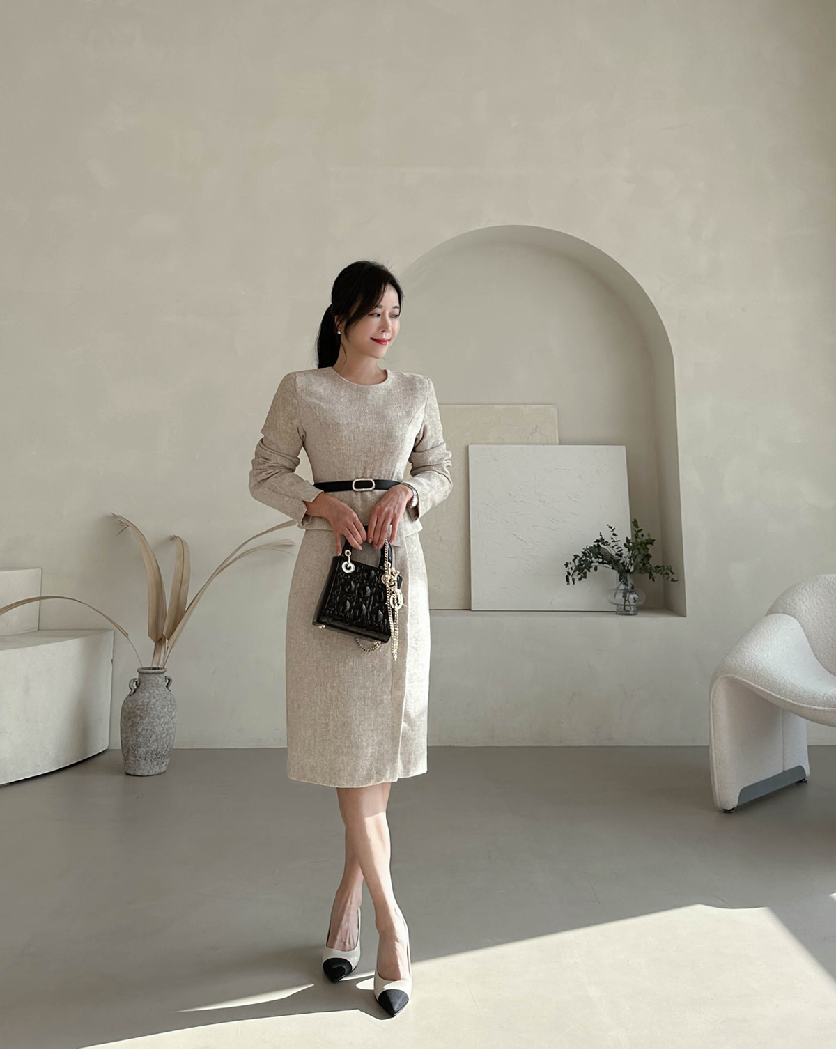 ベルト付ペプラムツイードワンピース | レディースファッション通販
