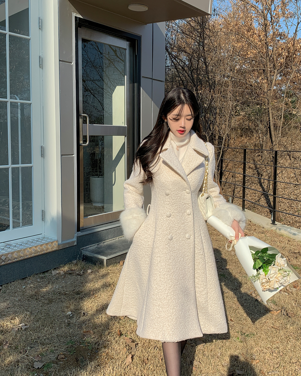 ベルト付エコファーポイントフレアコート | レディースファッション