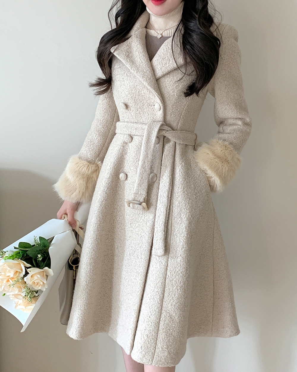 ベルト付エコファーポイントフレアコート | レディースファッション