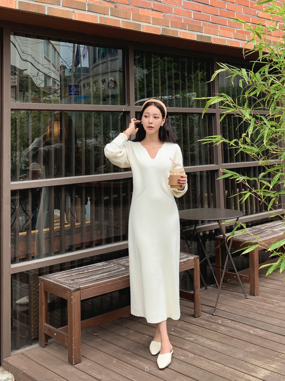 ウェーブVネックロングニットワンピース | レディースファッション通販