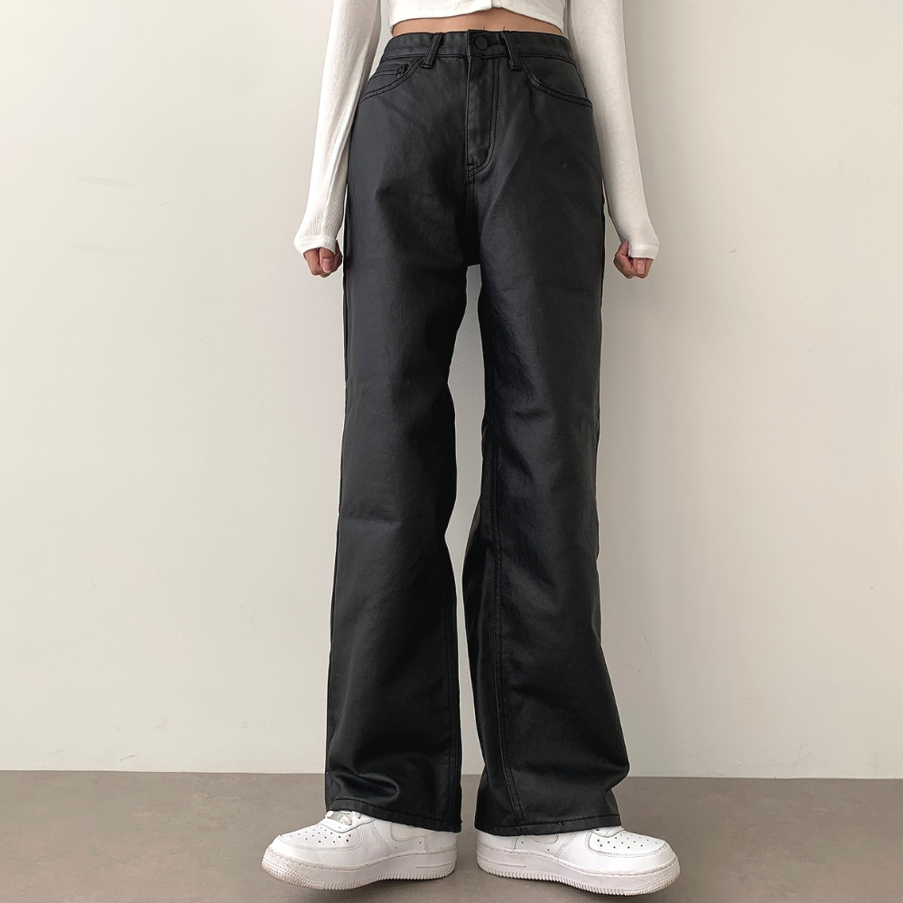 光沢コーティングワイドデニムパンツ | レディースファッション