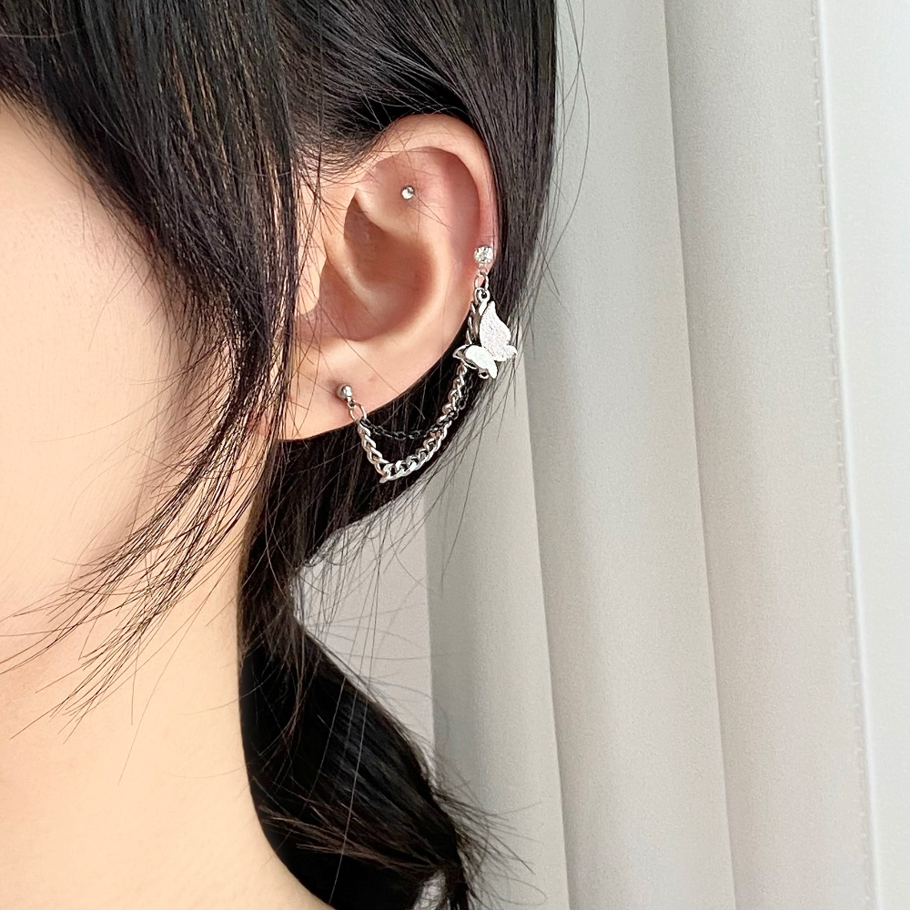 アンティーク調バタフライチェーン2ホールピアス | レディース