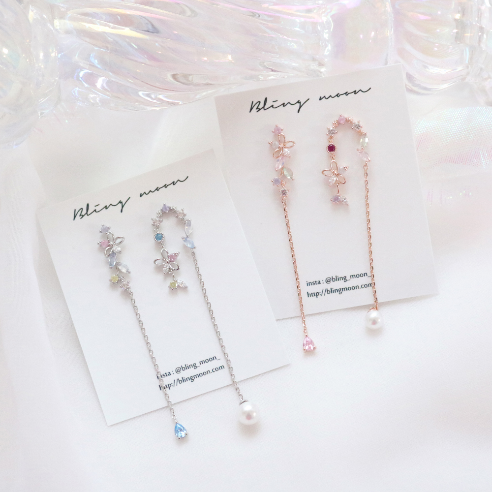 *お花と崩し淡路のアシメピアス*【No.195】 アシメフラワーロングチェーンピアス | レディースファッション通販
