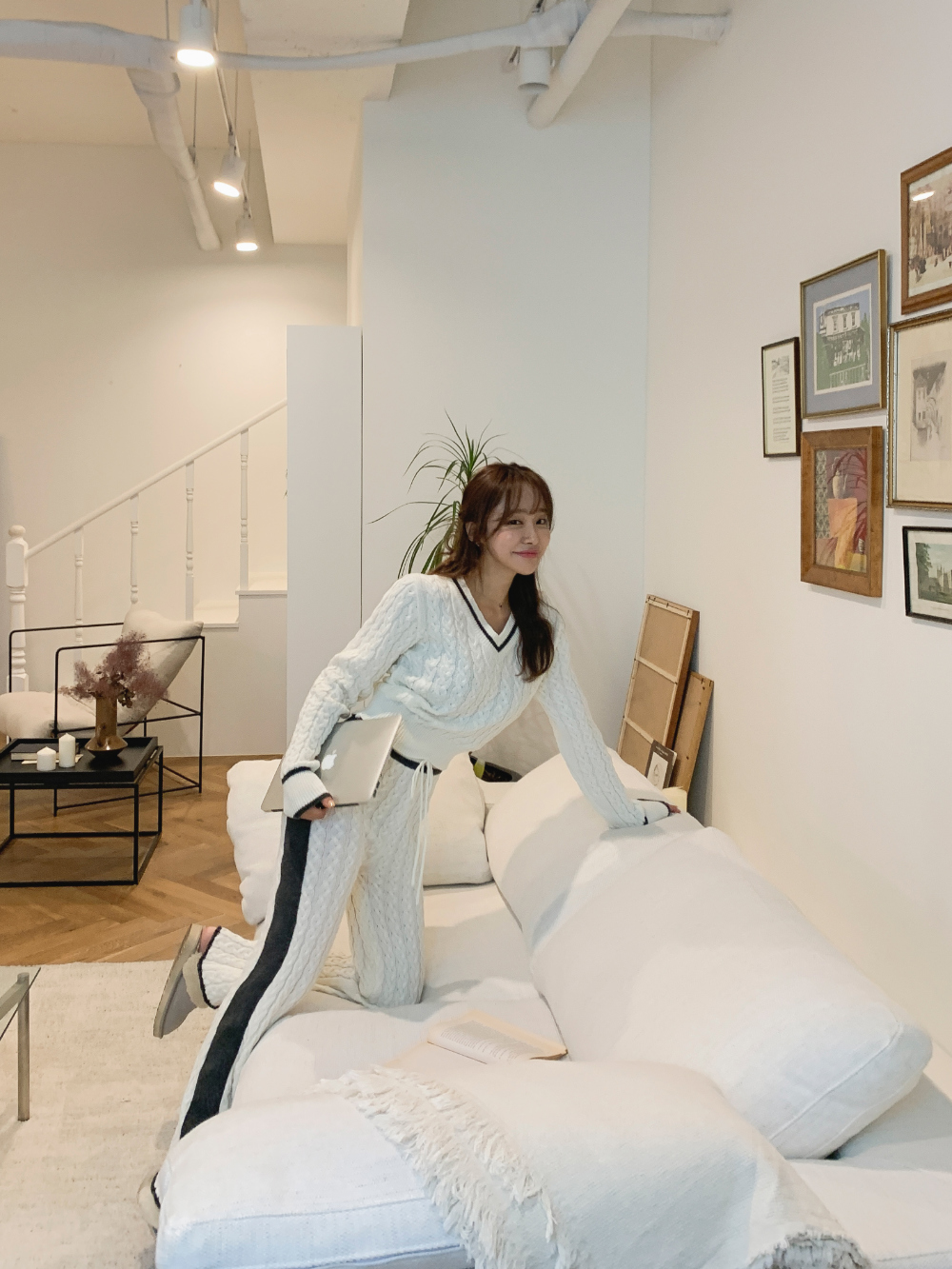 配色サイドラインケーブルニットパンツ | レディースファッション通販