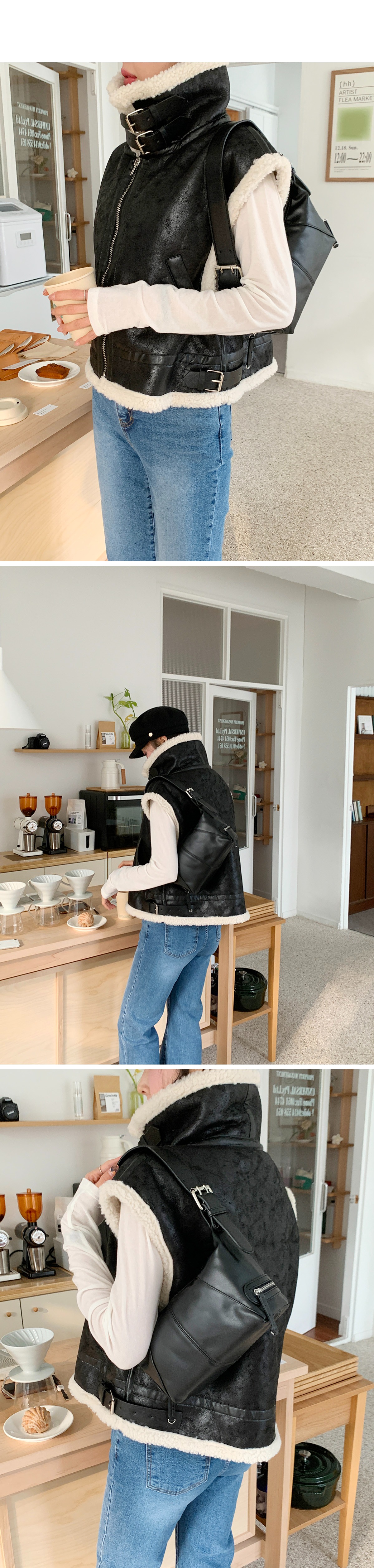 バックルベルトフェイクレザームートンベスト | レディース