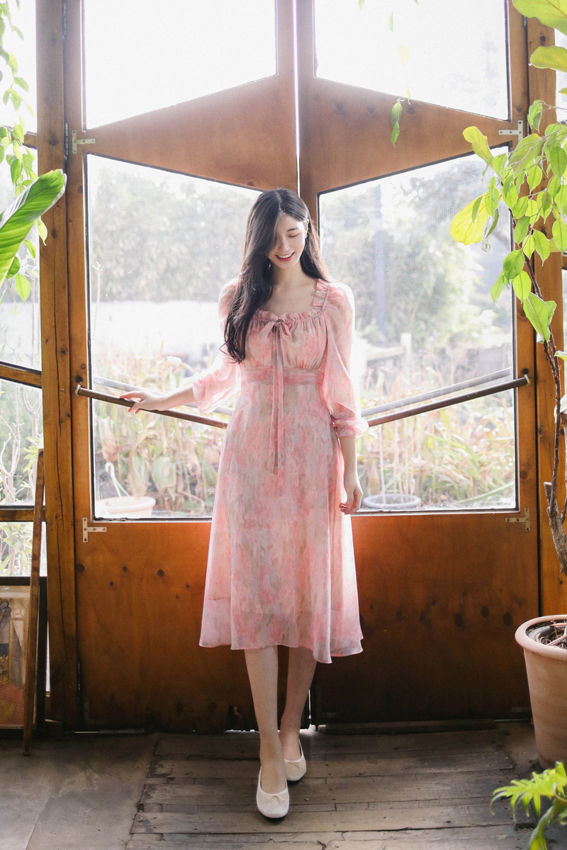 フリルネックフローラルシフォンワンピース(PINK) | レディース