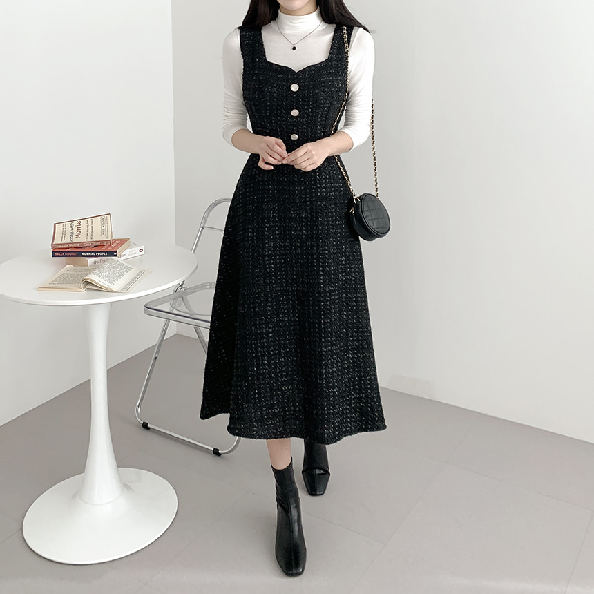 ハートネックフェイクボタンツイードワンピース | レディース