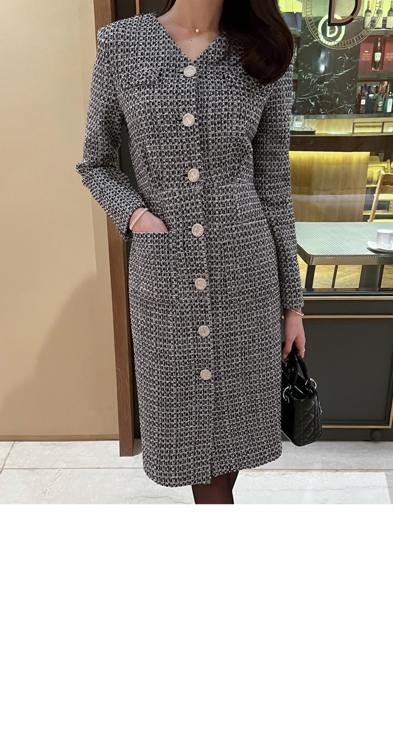 Vネックツイードフロントボタンワンピース | レディースファッション