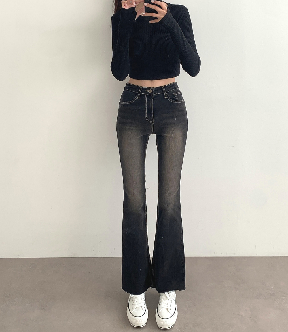 ブラック フレアデニムパンツ me+em select ジーンズ デニム デニムパンツ 「4size