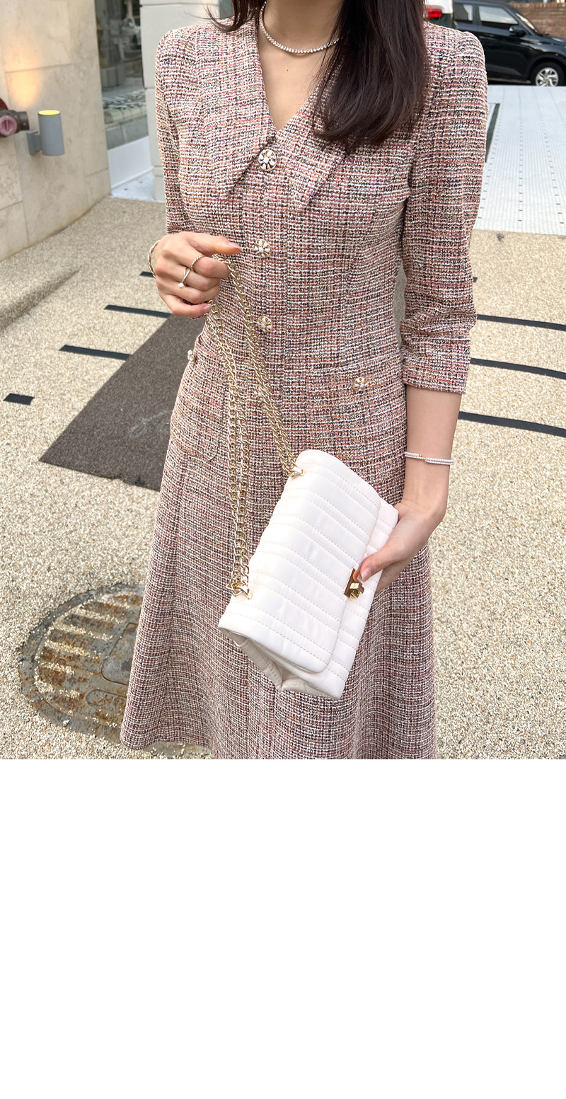 ビジューボタンツイードフレアワンピース | レディースファッション