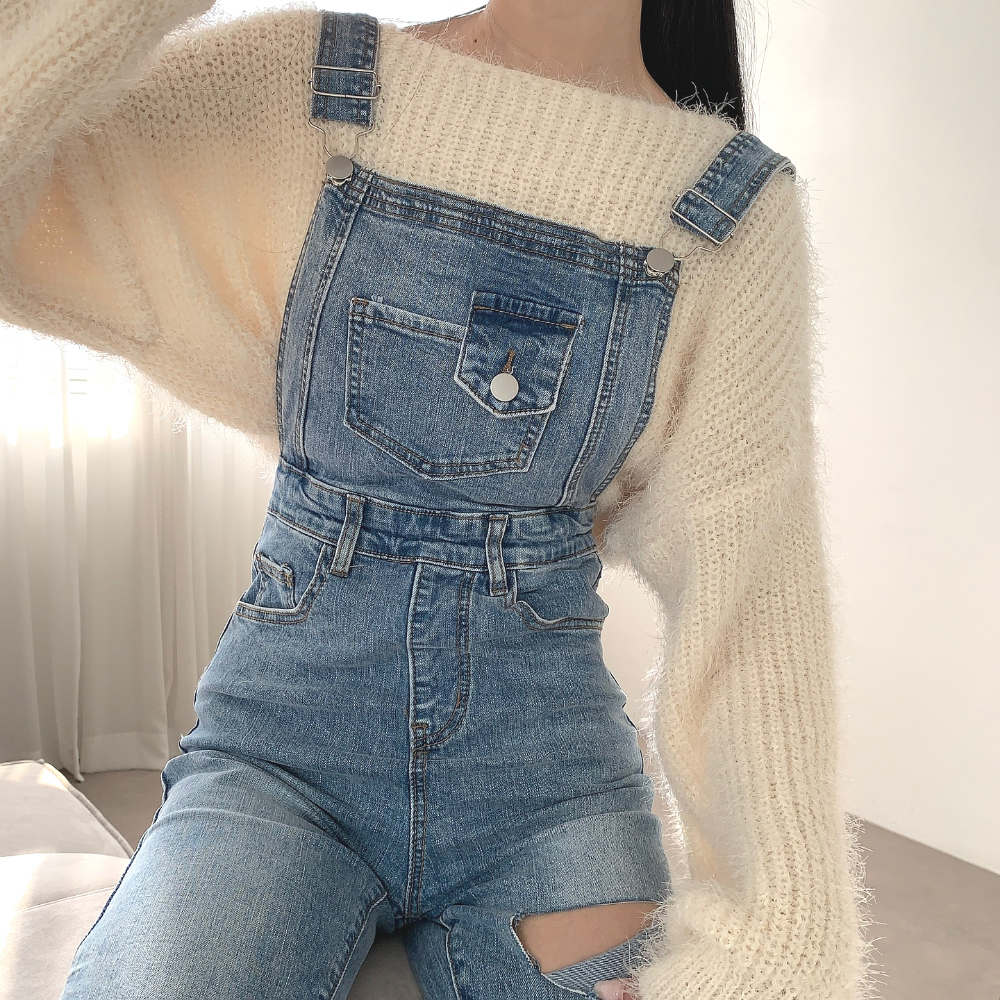バックボタンカットデニムサロペットパンツ | レディース