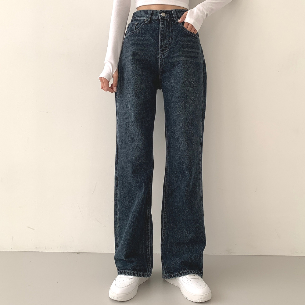ハイウエスト ワイド デニム パンツ ウォッシュド ジーンズ 無地 ハイウエストウォッシュドワイドデニムパンツ | レディース