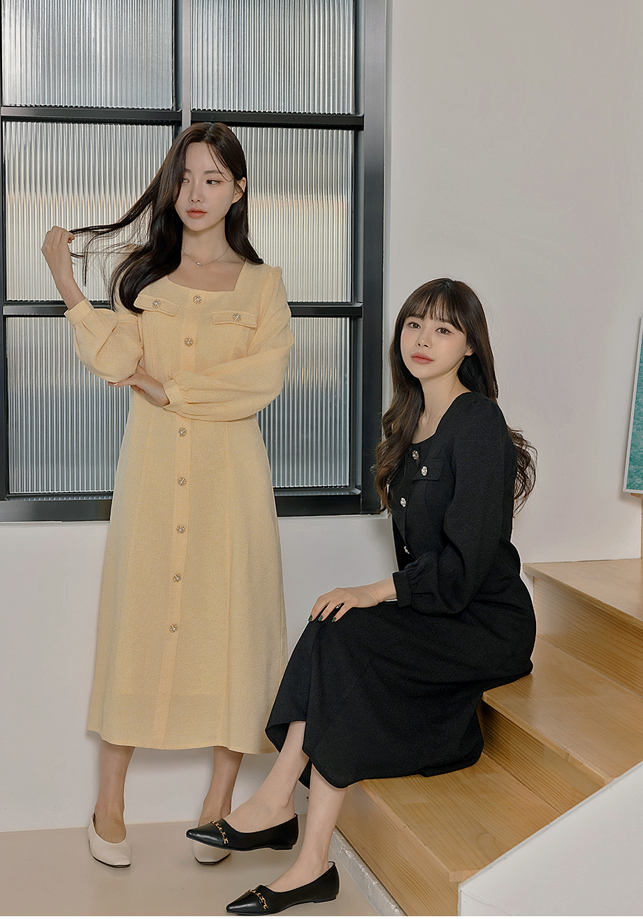 ビジューボタンツイードワンピース | レディースファッション通販 - DHOLIC