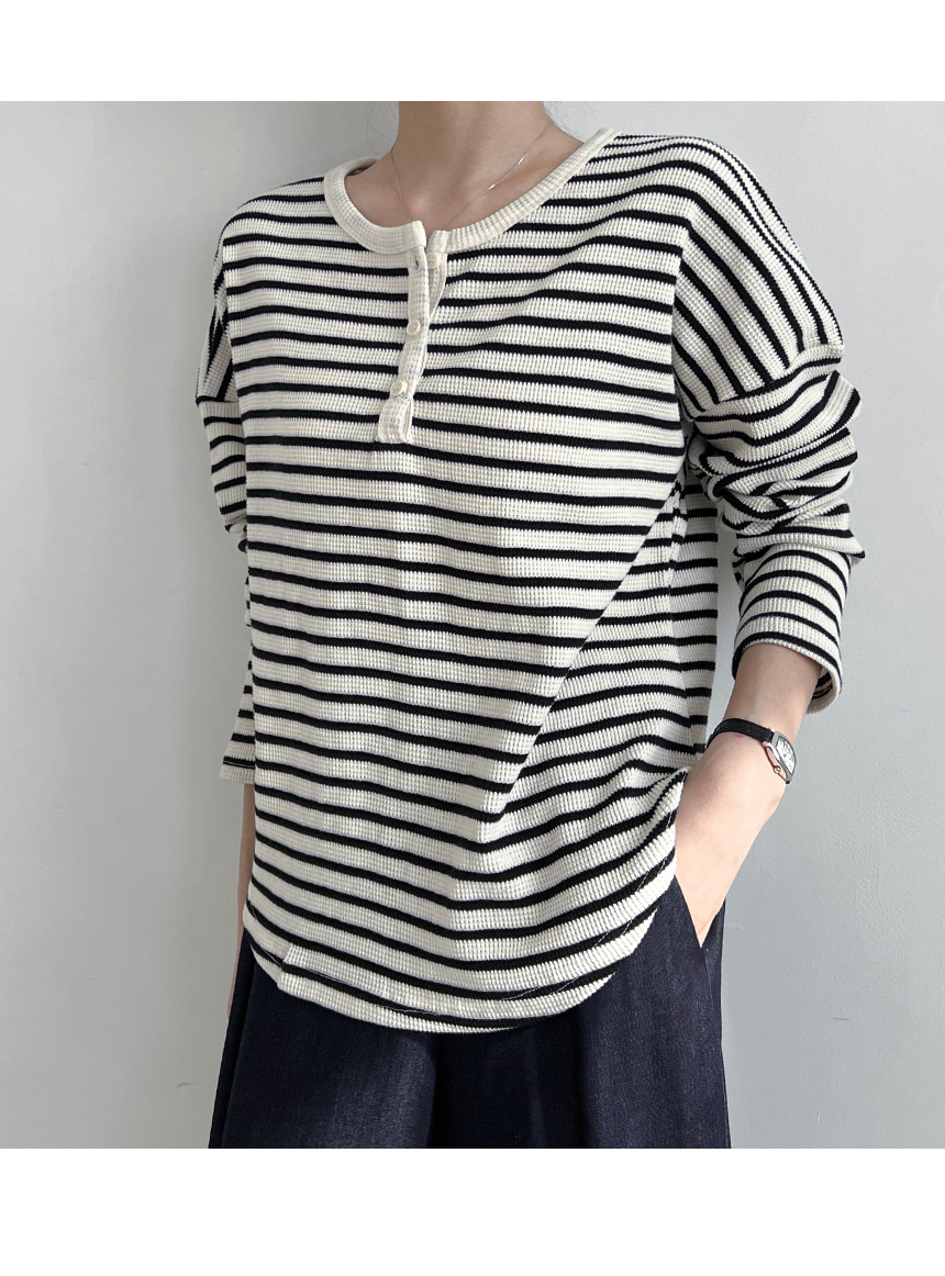 ヘンリーネックワッフルボーダーTシャツ | レディースファッション通販 