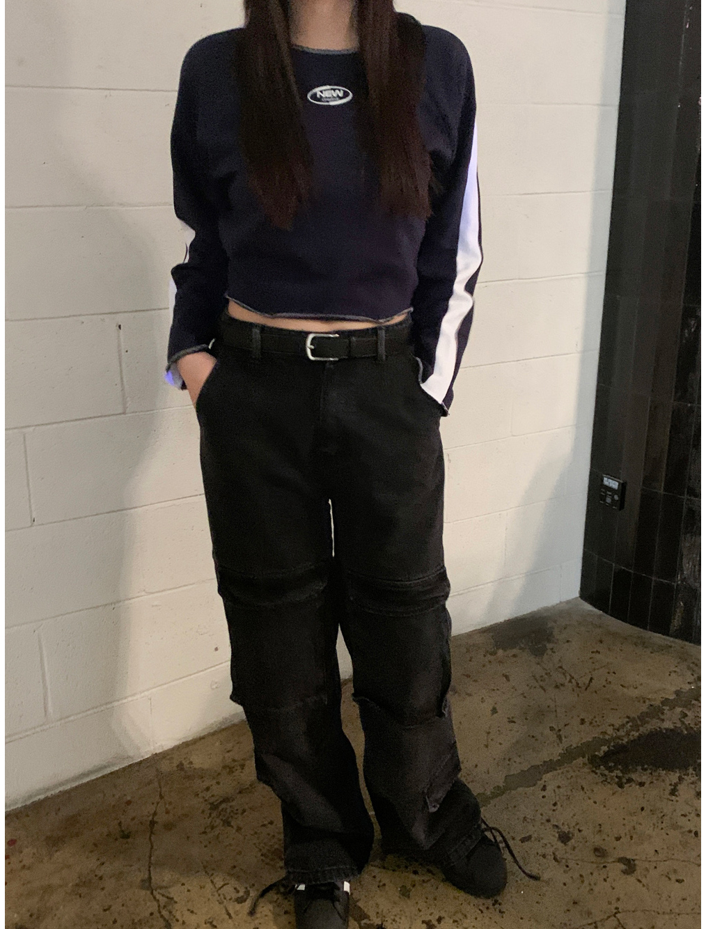 フロントポケドローコードブラックデニムパンツ | レディース