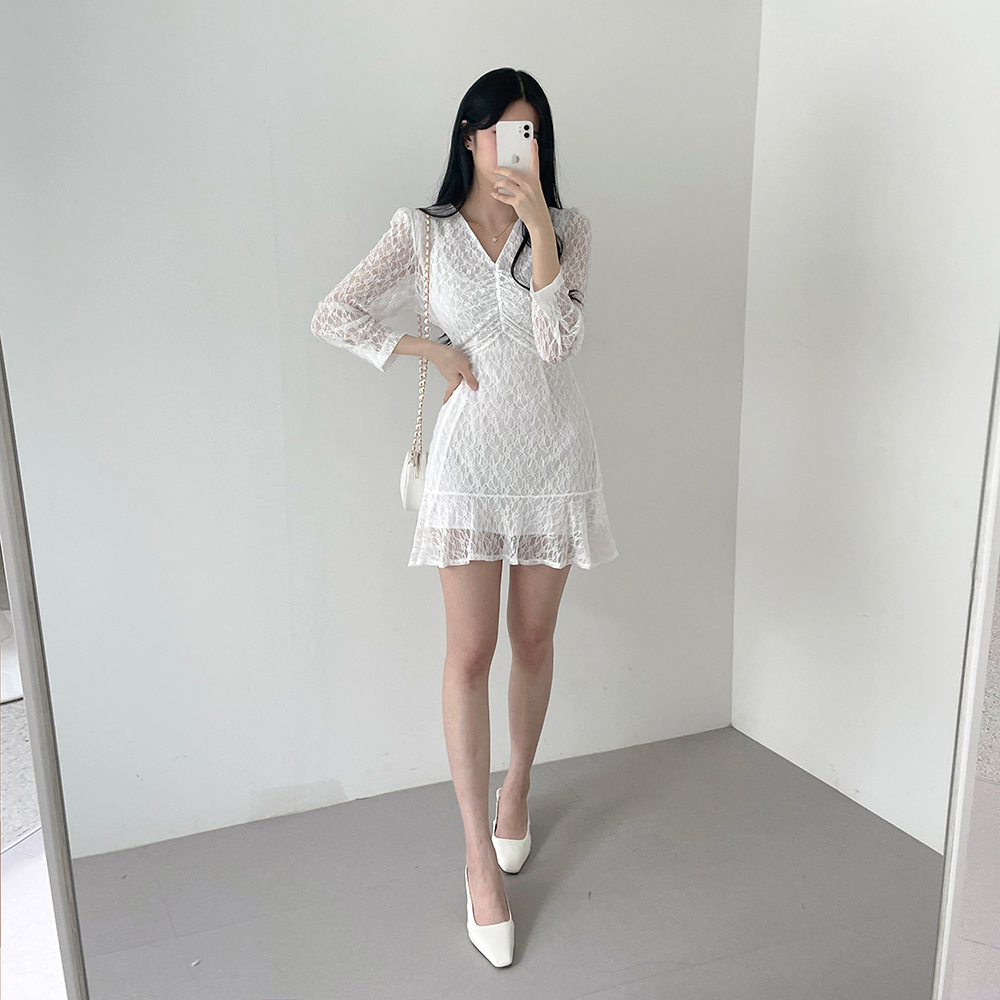 Vネックシースルーレースミニワンピース | レディース