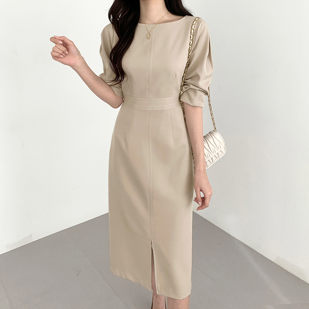 J/S luxe購入 QUARTERLY ボートネックワンピース Aライン七分袖 ボートネックステッチ7分袖ワンピース | レディースファッション通販