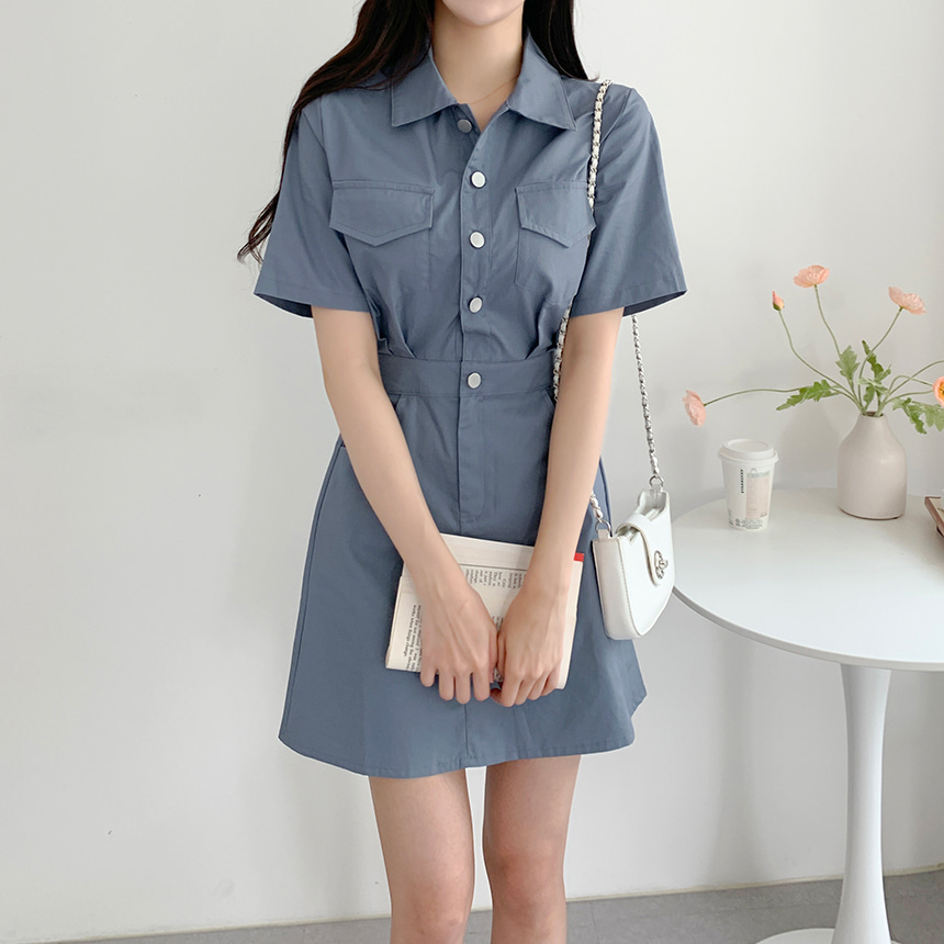 レースボーリングシャツワンピース 半袖ワンピース レディース F フロントジップボーリングシャツワンピース[品番：MKSW0029607