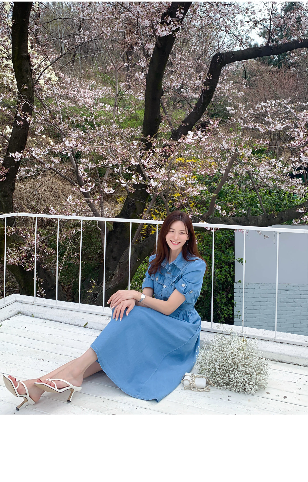 カラーネックデニムフレアワンピース | レディースファッション通販